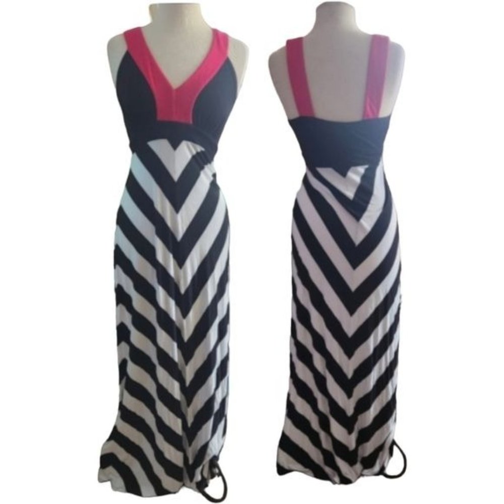 Karen Kane Black and White Chevron Maxi Dress with Red Accents